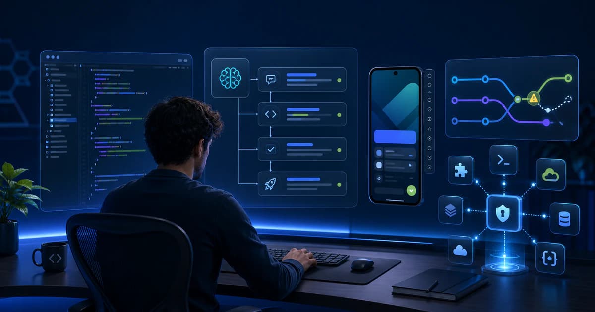 Android developer reviewing an AI plan beside mobile app code and connected tools