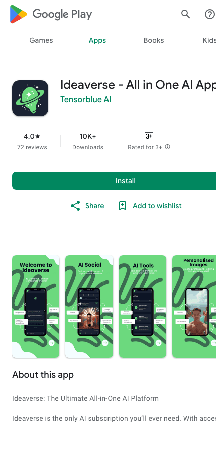 Ideaverse AI Android App mobile website screenshot