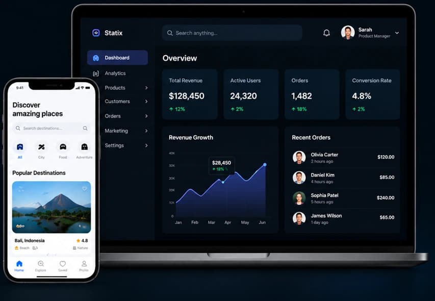 Responsive dashboard and travel app interface designs