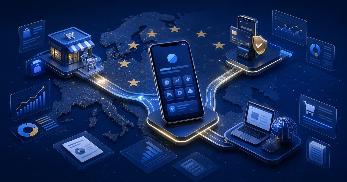 iPhone app commerce routes branching across a stylized European Union map