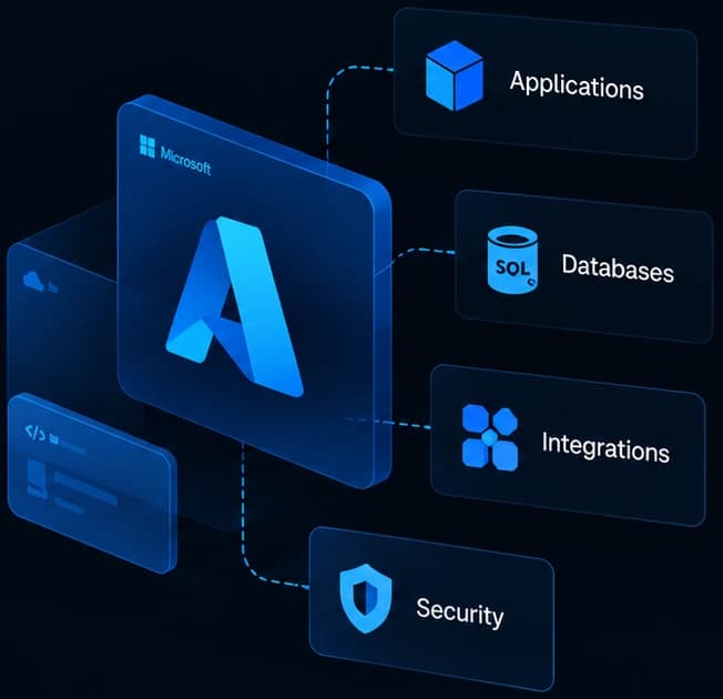 Microsoft Azure connected to applications, databases, integrations and security