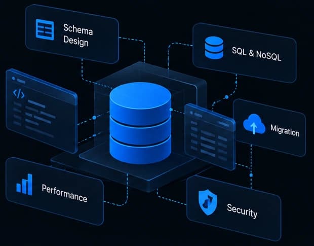 Database architecture connected to schema design, migration, performance and security