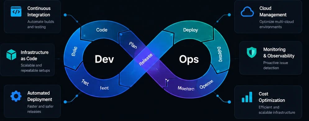 Dev and Ops continuous delivery loop with infrastructure, deployment, monitoring and cloud management