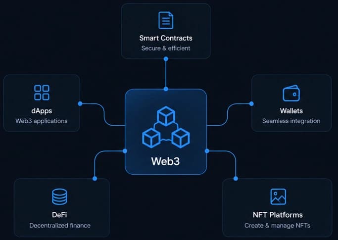 Web3 connected to smart contracts, dApps, wallets, DeFi and NFT platforms