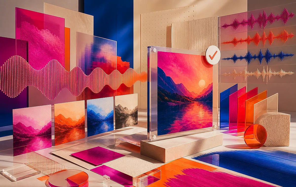 Original conceptual artwork for Generative Media Campaign Studio with Rights-Aware Review, showing concept generation, asset variation, and approval without depicting a real client interface