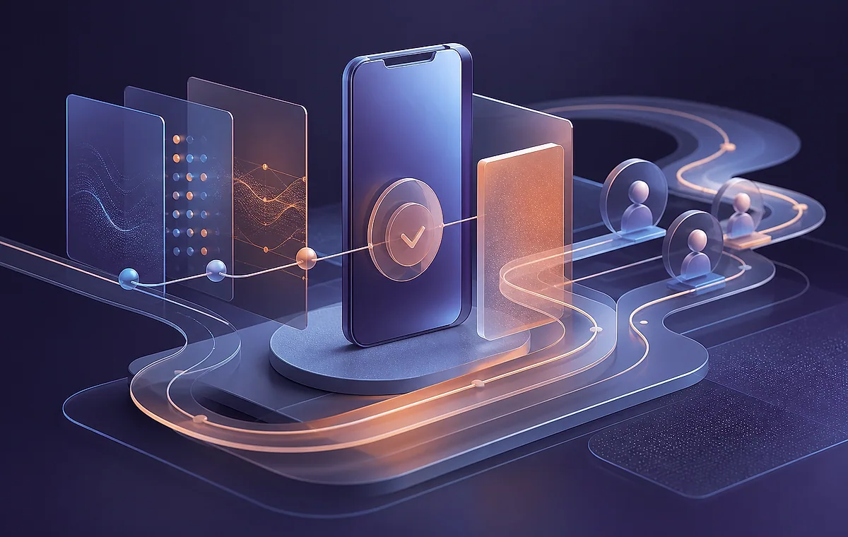 Original conceptual artwork for Mobile Insurance Claims Capture at the Scene, showing guided evidence capture, damage intake, and claim status without depicting a real client interface